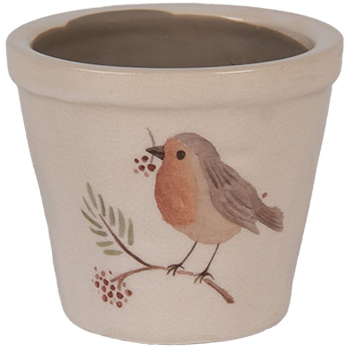 Clayre & Eef Bloempot Landelijke Stijl Ø8x7cm Beige Bruin Keramiek Vogelmotief