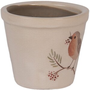 Clayre & Eef Bloempot Landelijke Stijl Ø8x7cm Beige Bruin Keramiek Vogelmotief