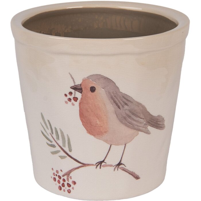 Clayre & Eef Bloempot Vogelmotief Beige-Bruin Ø17x16cm Landelijke Stijl