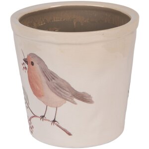 Clayre & Eef Bloempot Vogelmotief Beige-Bruin Ø17x16cm Landelijke Stijl