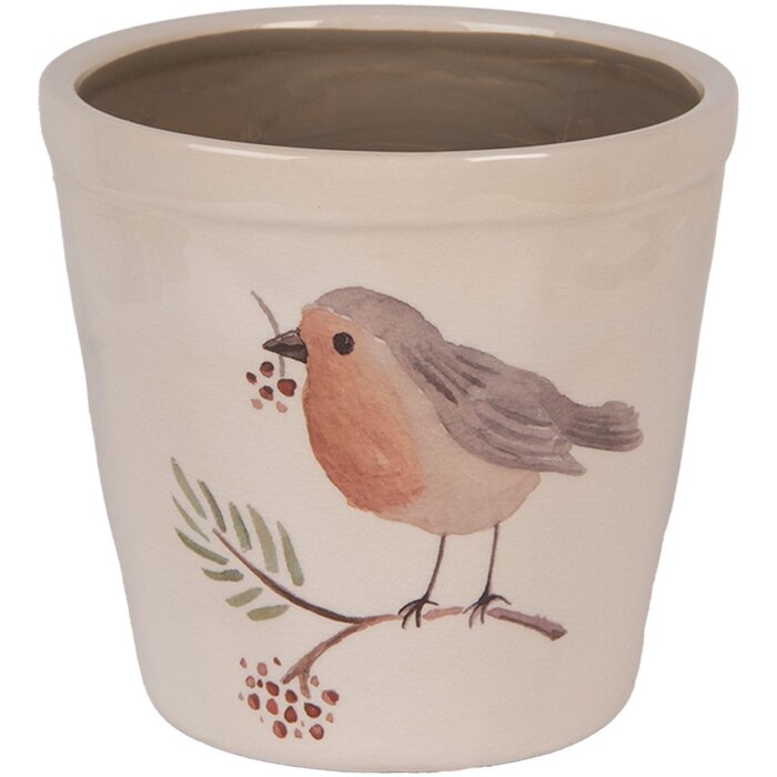 Clayre & Eef Bloempot Ø15x14cm Beige Vogelmotief Landelijke stijl Keramiek
