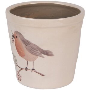 Clayre & Eef Bloempot Ø15x14cm Beige Vogelmotief Landelijke stijl Keramiek