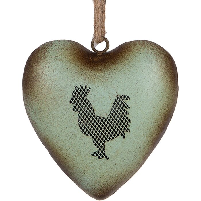 Clayre & Eef Decoratieve hanger Hart Haanmotief Vintage Groen 14x5x14 cm Metaal