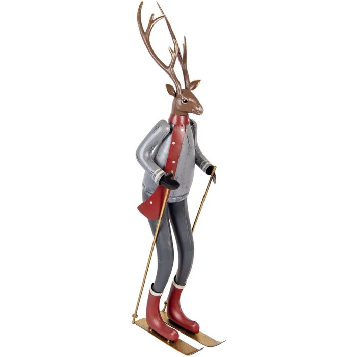 Clayre & Eef Decoratief Hert op Skis Grijs Bruin Rood 65 cm
