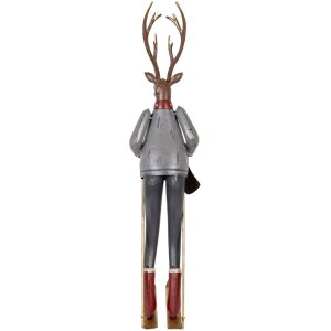 Clayre & Eef Decoratief Hert op Skis Grijs Bruin Rood 65 cm