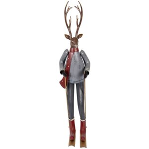 Clayre & Eef Decoratief Hert op Skis Grijs Bruin Rood 65 cm