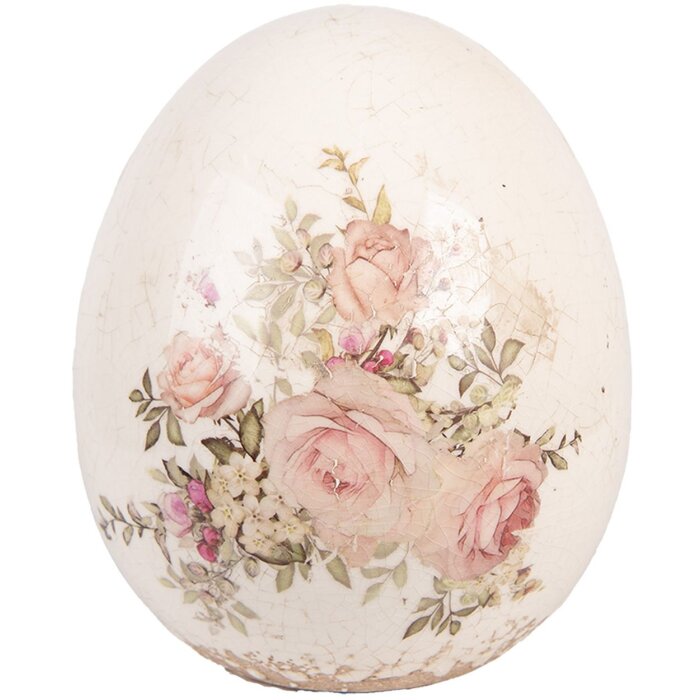 Clayre & Eef Decoratie-ei Rozenmotief Ø14x16 cm Keramiek Beige Roze Vintage