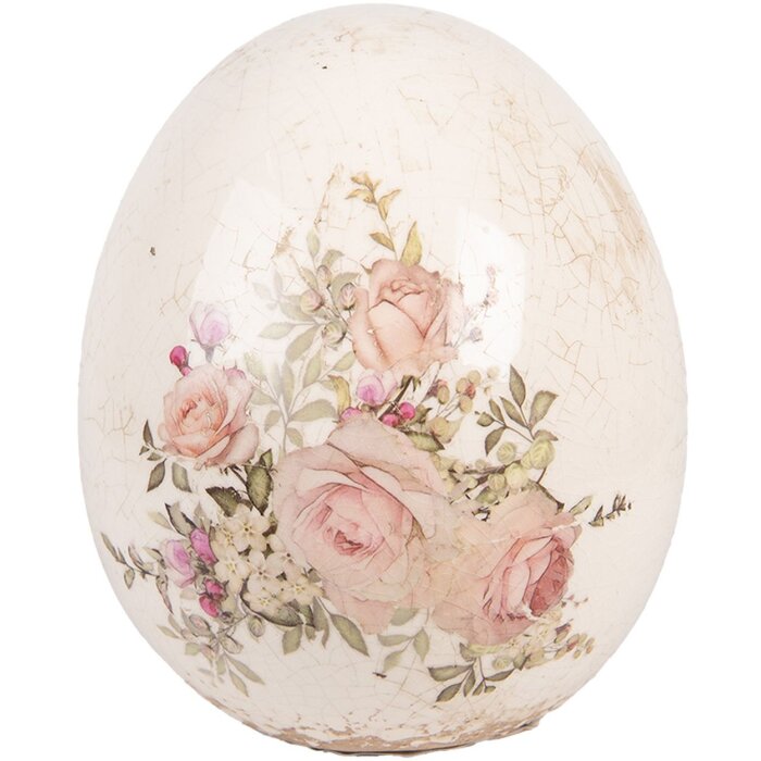 Clayre & Eef Decoratief Ei met Roosdecor Ø10x12cm Beige Roze Vintage Keramieken Ei