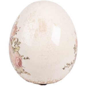 Clayre & Eef Decoratief Ei met Roosdecor Ø10x12cm Beige Roze Vintage Keramieken Ei