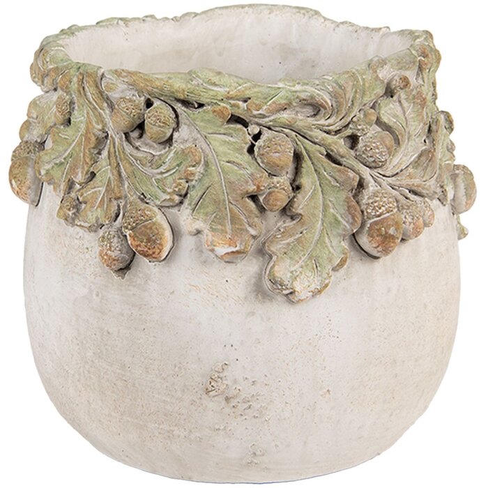 Clayre & Eef Bloempot Eikenblad Reliëf Ø15x13 cm Beige Groen Steen
