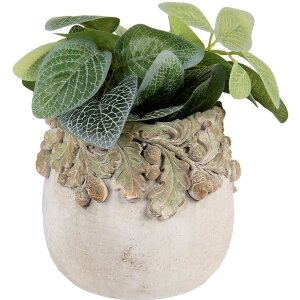 Clayre & Eef Bloempot Eikenblad Reliëf Ø15x13 cm Beige Groen Steen