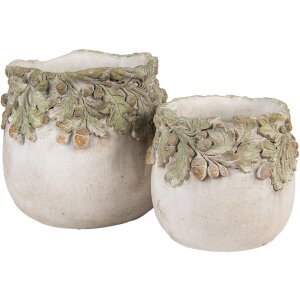 Clayre & Eef Bloempot Eikenblad Reliëf Ø15x13 cm Beige Groen Steen