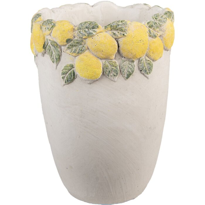 Clayre & Eef Bloempot met Citroendecor Steengoed Ø17x23cm Wit Geel Groen