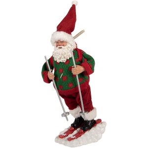 Clayre & Eef Kerstman op ski’s Rot Groen 15x13x28 cm Decoratiefiguur