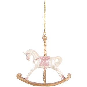Clayre & Eef 6PR5412 Decoratie Hangertje Schommelpaard 8x2x7 cm Wit en Goudkleurig
