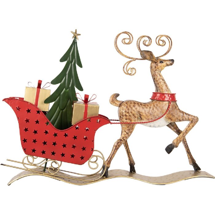 Clayre & Eef Decoratierendier Hert met Slee 68x11x50 cm Bruin en Rood