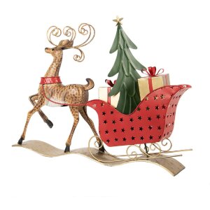 Clayre & Eef Decoratierendier Hert met Slee 68x11x50 cm Bruin en Rood