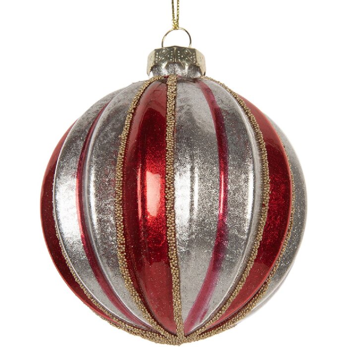 Clayre & Eef 6GL5325 Kerstbal Ø 8x8 cm Rood en Zilverkleurig