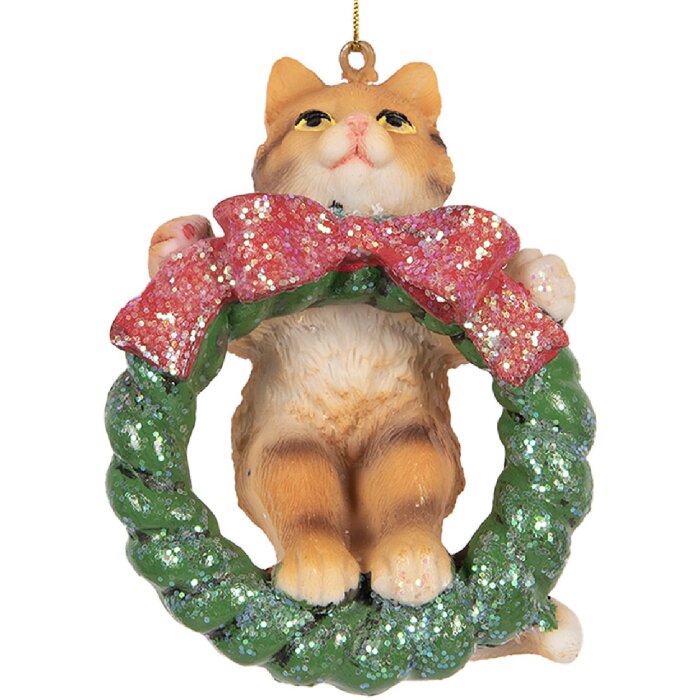 Clayre & Eef 6PR5313 Decoratieve Hangende Kat 6x5x9 cm Bruin & Groen