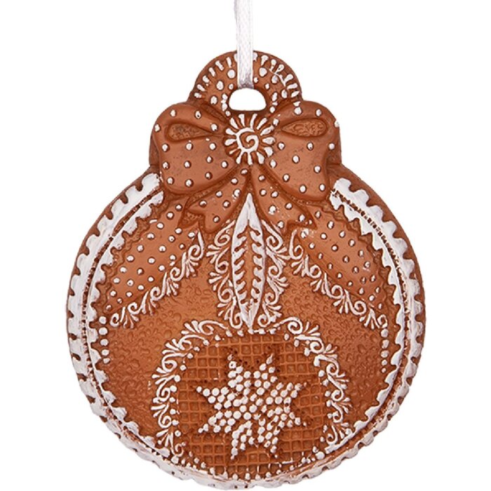 Clayre & Eef 6PR5317 Decoratiehanger Kerstbal 8x2x10 cm Bruin Wit