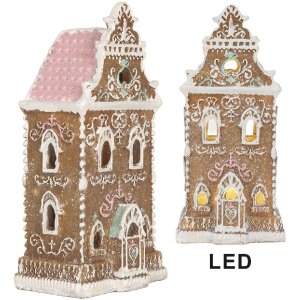 Clayre & Eef 6PR5842 Decoratie Huis met LED 9x7x18 cm Bruin-Roze