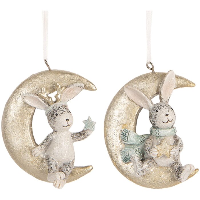 Clayre & Eef 6PR5890 Decoratiehangers Konijnen Set 2 Grijs en Goudkleurig