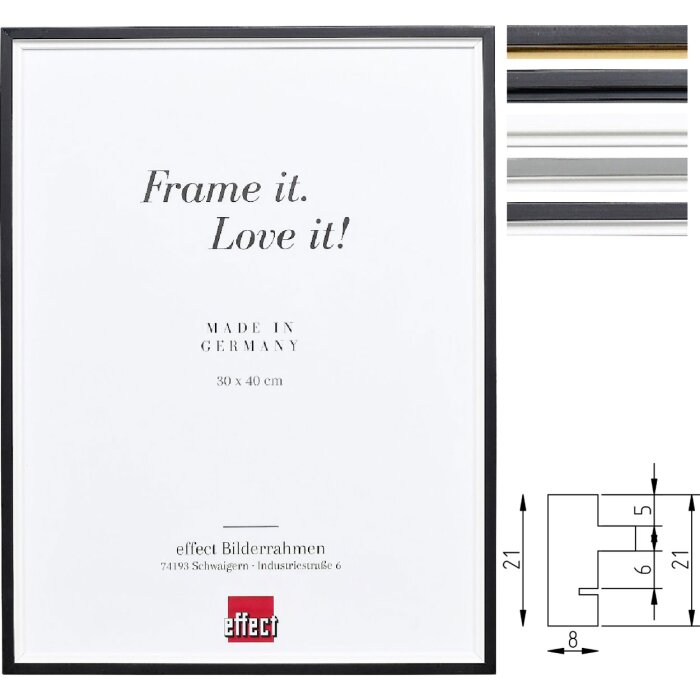 Effect houten fotolijst Profil 69 – massief echthout, 8 mm gestuft profiel, in 5 kleuren, Duitsland