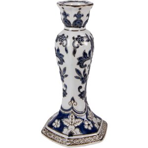 Clayre & Eef porseleinen kandelaar Ø 11x21 cm wit-blauw