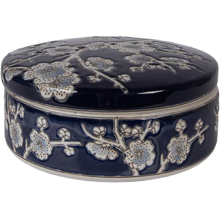 Clayre & Eef keramische sieradenkast blauw-wit met bloemenmotief Ø 18x8 cm