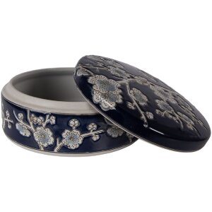 Clayre & Eef keramische sieradenkast blauw-wit met bloemenmotief Ø 18x8 cm
