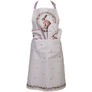 Clayre & Eef Keukenschortje "Haas met bloemenkrans" – 20x20 cm, crèmekleurig met bloemen, katoen, hittebestendig