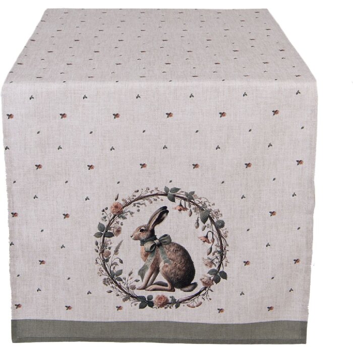 Clayre & Eef Tafelkleed NLE64 – 50x140 cm, beige met haasmotief