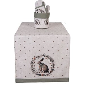 Clayre & Eef Tafelkleed NLE64 – 50x140 cm, beige met haasmotief