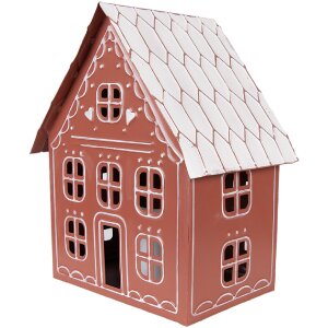 Clayre & Eef kerstdecoratie huis met LED, bruin-wit, 27x19x32 cm