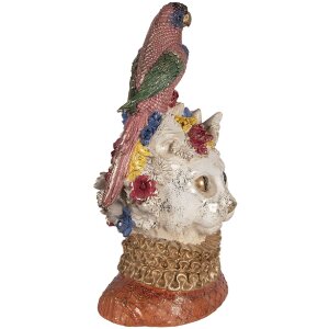 Clayre & Eef decoratief beeld kat met vogel, wit-goud, 24x21x40 cm
