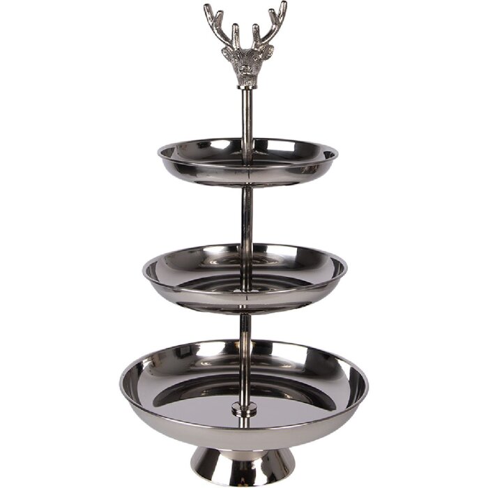 Clayre & Eef zilverkleurige ronde etagere Ø 26 cm hoogte 48 cm 3 niveaus