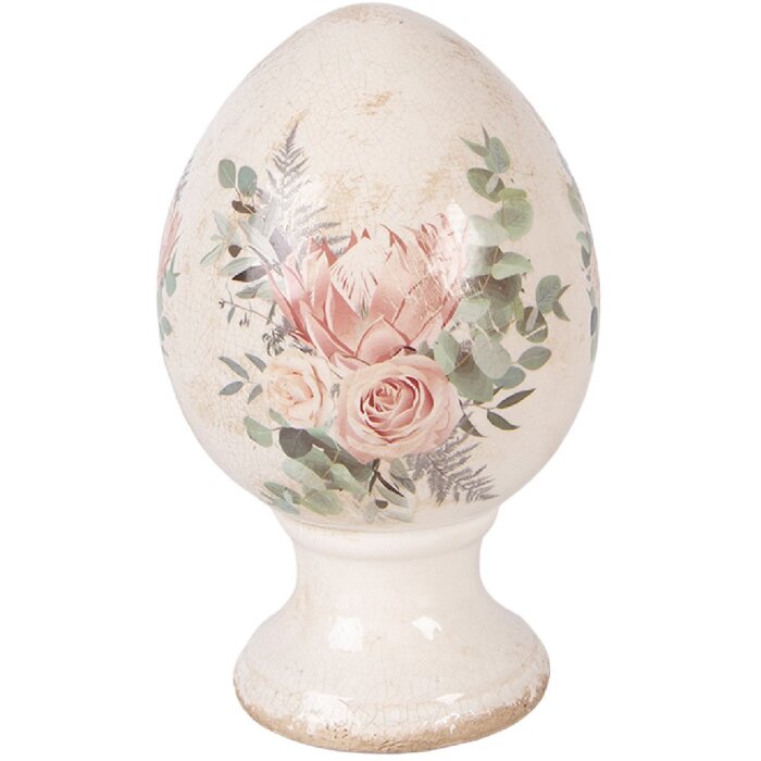 Clayre & Eef kerstdecoratie ei op voet Ø 12x19 cm zacht beige met roze accenten