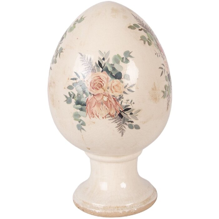 Clayre & Eef Kerstdecoratie Ei op Voet Beige met Roze Accenten Ø 17x28 cm