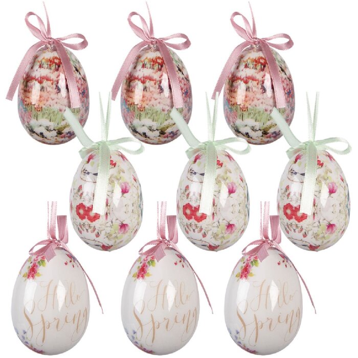 Clayre & Eef Kerstdecoratie Eihangers Set van 9 in Wit en Roze Ø 5x8 cm