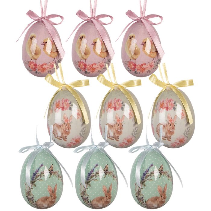 Clayre & Eef Kerstdecoratie Hanger Ei Set van 9 Stukken Groen en Roze