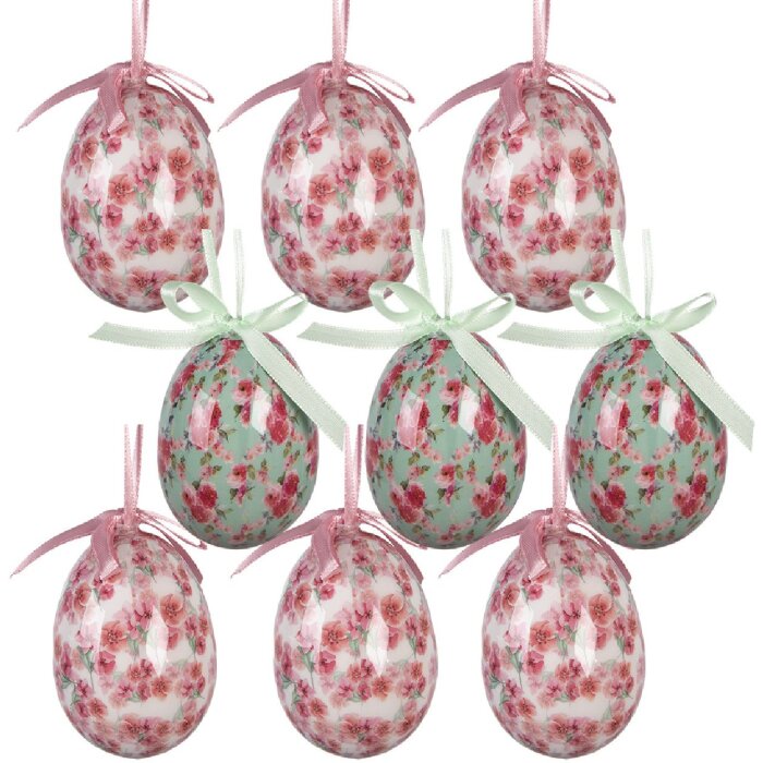 Clayre & Eef hangende kerstdecoratie eieren set van 9 wit en roze Ø 5x8 cm
