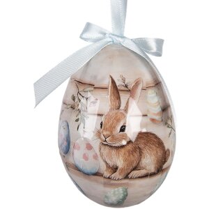 Clayre & Eef kerstdecoratie hanger ei set van 6 stuks wit en bruin Ø 7x10 cm