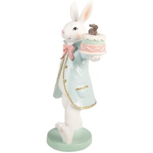 Clayre & Eef decoratief konijn met taart, wit en blauw, 13x11x28cm