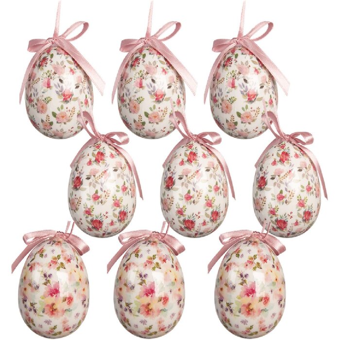 Clayre & Eef Kerstdecoratie Hangende Eieren Set van 9 Stukken Wit en Roze Ø 5x8 cm