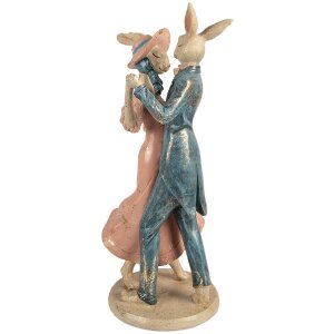 Clayre & Eef decoratief beeld tanzende konijnen beige roze blauw 20x18x47 cm