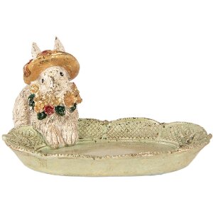 Clayre & Eef decoratieve schaal met konijn in beige en groen, 14x11x8 cm