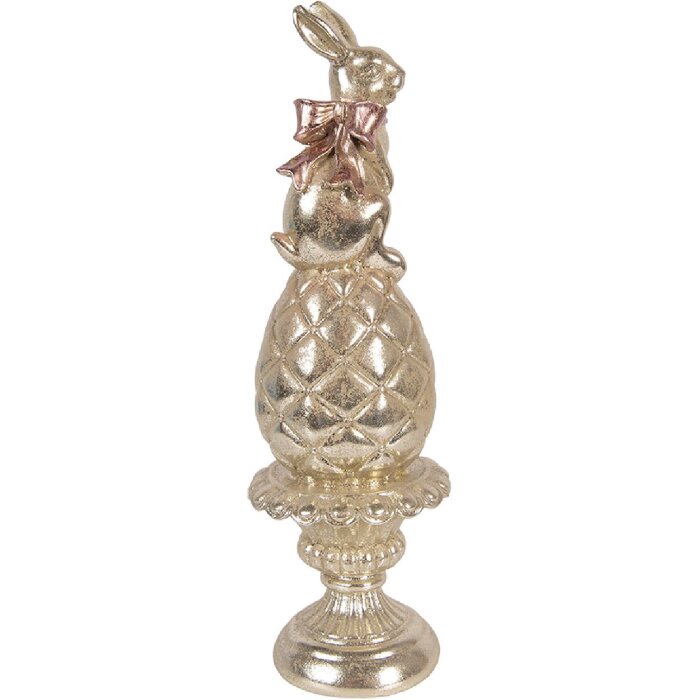 Clayre & Eef Paasdecoratie Konijn op Ei met Goud en Roze Strik, Ø 8x28 cm