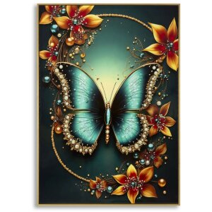 Mauro Ferretti Wanddecoratie "Butterfly" – Turkoois-gouden vlinder in sparhoutkader 70x100 cm