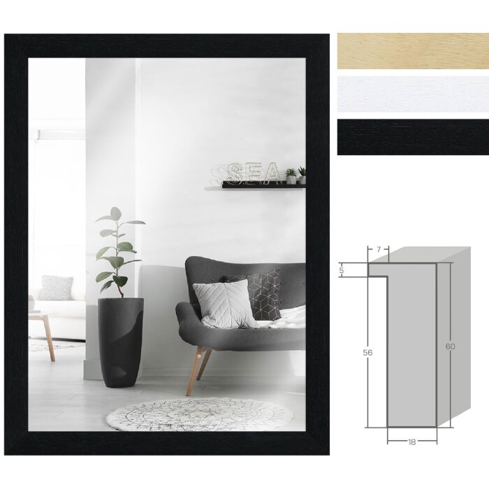 MendeFrames Muurspiegel H980 van massief hout in zwart, natuurlijk en wit