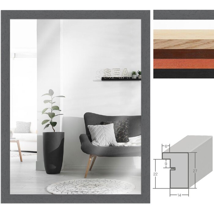 MendeFrames Wandspiegel H960 – massief hout, mat afwerking, beschikbaar in wit, zwart, natuurlijk, eiken, noten, kersen, grijs, 13x18 cm tot 70x100 cm